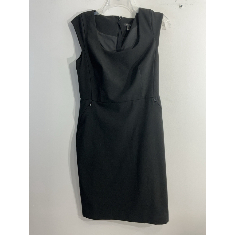 Womans Ann Taylor Knee Length Sheath Dress 6 Black Cap Sleeves Back Zip